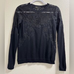 Maje Thin Sweater Wool Blend Sheer Floral Lace Trim Pullover Black Womens Small